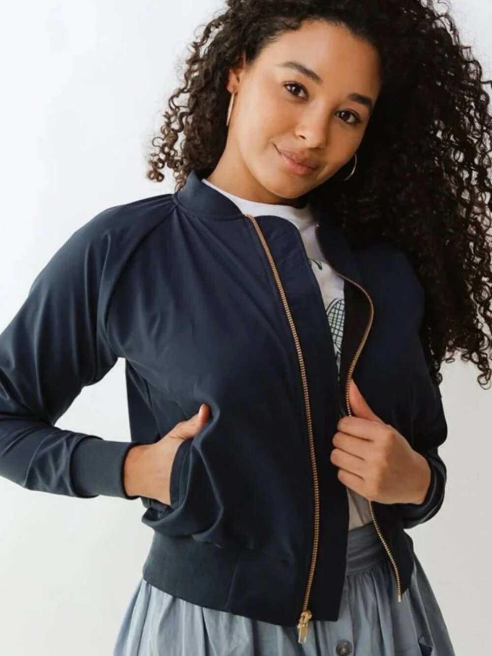 Albion Fit Bomber Jacket Medium M Navy Blue Full Zip Up Gold Zipper